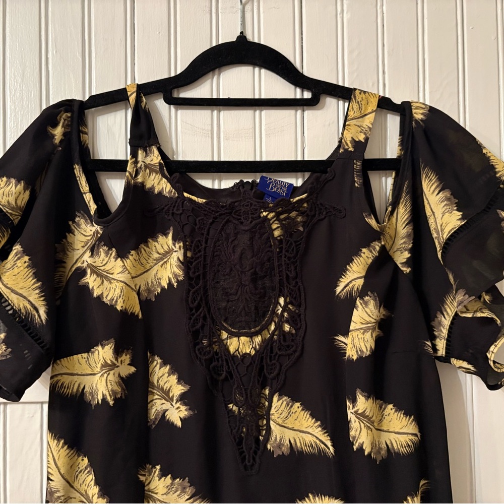 Disney Beauty and the Beast Feather Print Chiffon Dress Lined Size L - Picture 3 of 6